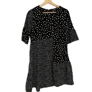 Caara black‎ white polka dots asymetric midi modest dress women's M tiered flowy